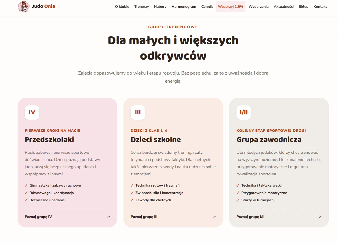 Oferta grup treningowych: przedszkolaki, dzieci szkolne i grupa zawodnicza